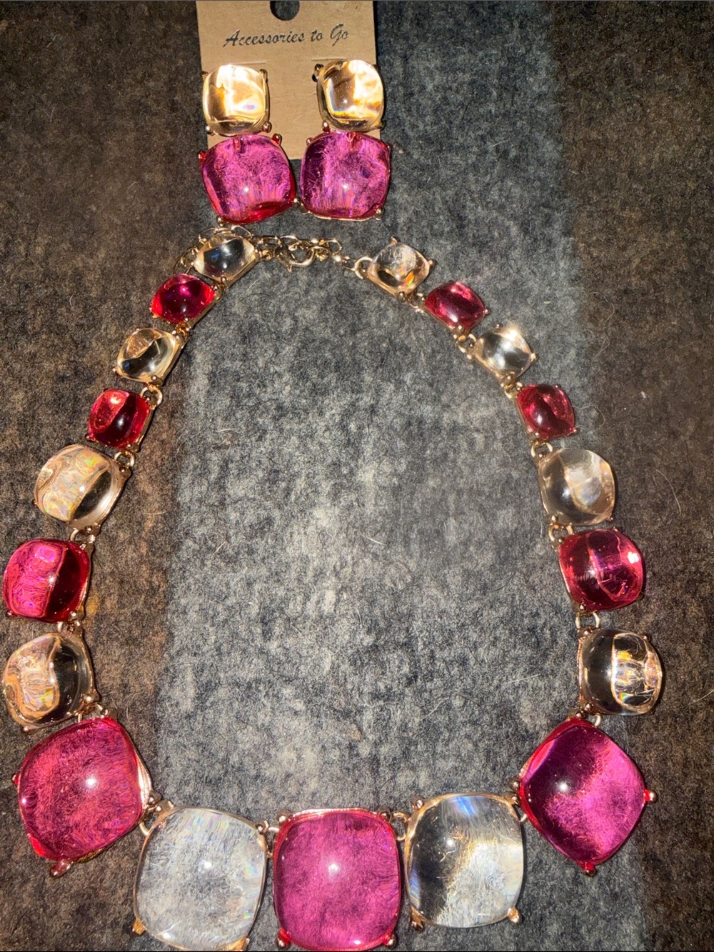 Pink and Clear Glass Statement Necklace and Earrings Set